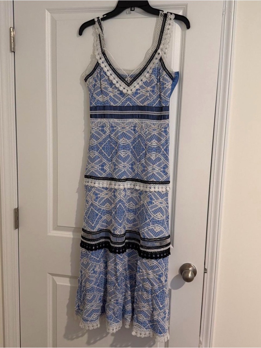 Gianni Bini Blue & White Lace-Trim Maxi Dress